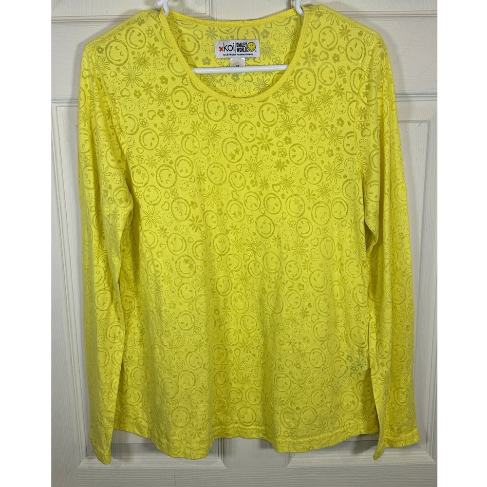 Koi Smiley World Women Yellow Burnout Long Sleeve Scrub Undershirt Top Medium
